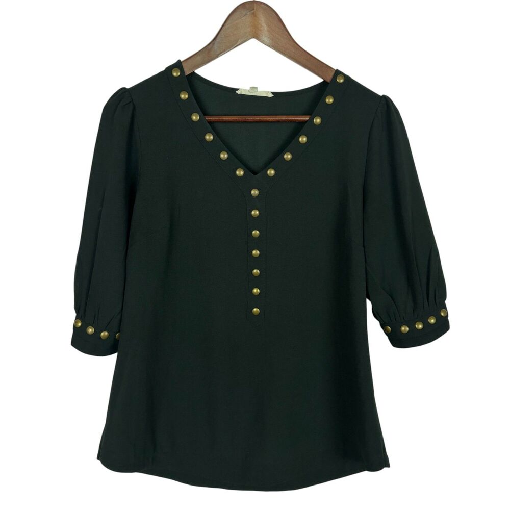 41 Hawthorne Black Brass Studded V-Neck Blouse Top Women's Small Career Business